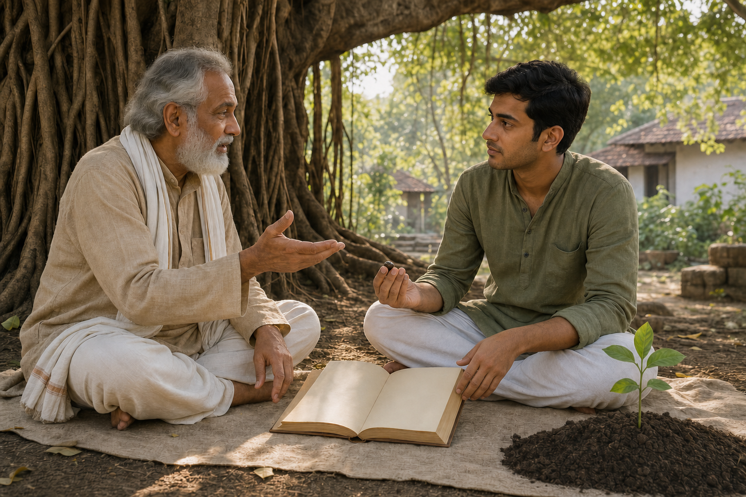 A teacher and student sit beneath a banyan tree with an open manuscript, a seed in the student's hand, and a small seedling nearby.