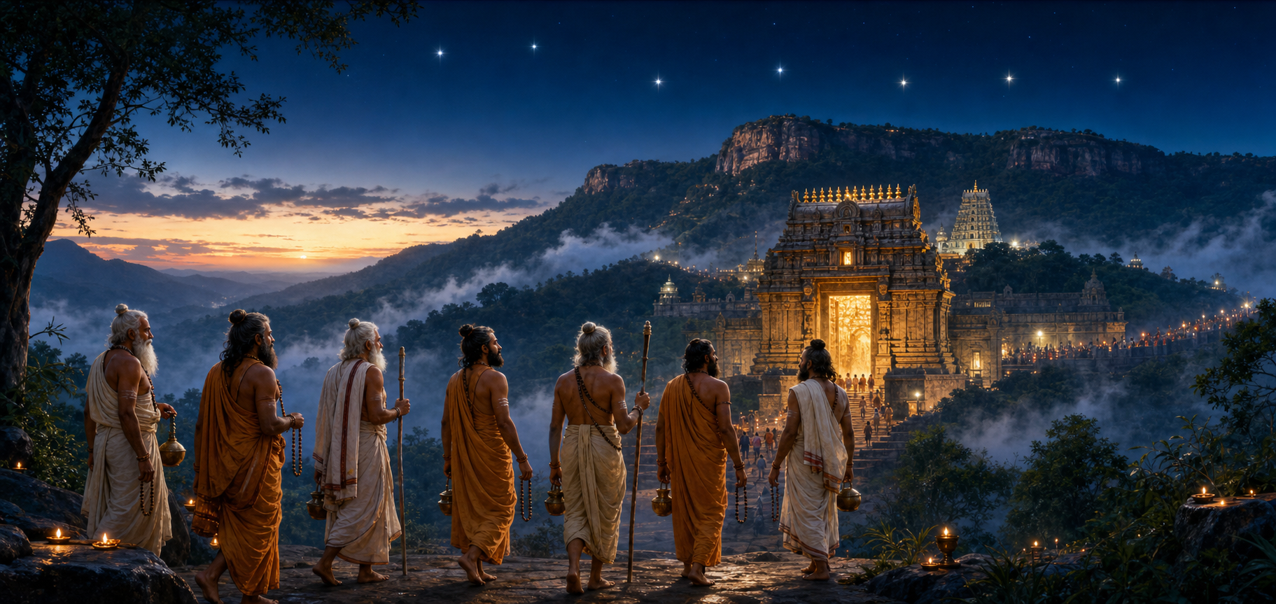 Seven robed sages approach the illuminated Tirumala temple through misty hills before dawn, with seven stars visible overhead.