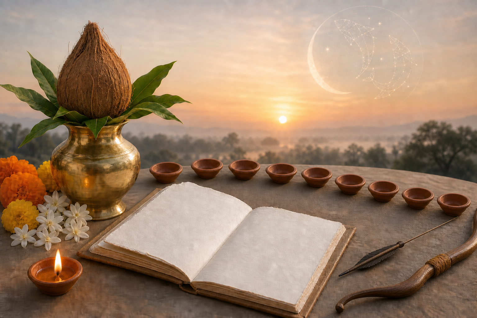 Brass kalash, mango leaves, coconut, clay lamps, flowers, bow and arrow, and a blank family planner arranged in warm spring light.