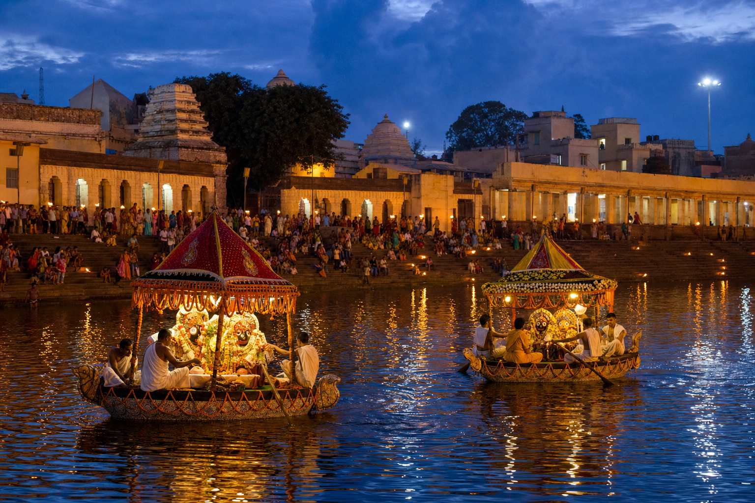 Decorated ceremonial boats carrying festival deities cross Narendra Pokhari at dusk as pilgrims watch from the stepped ghats.