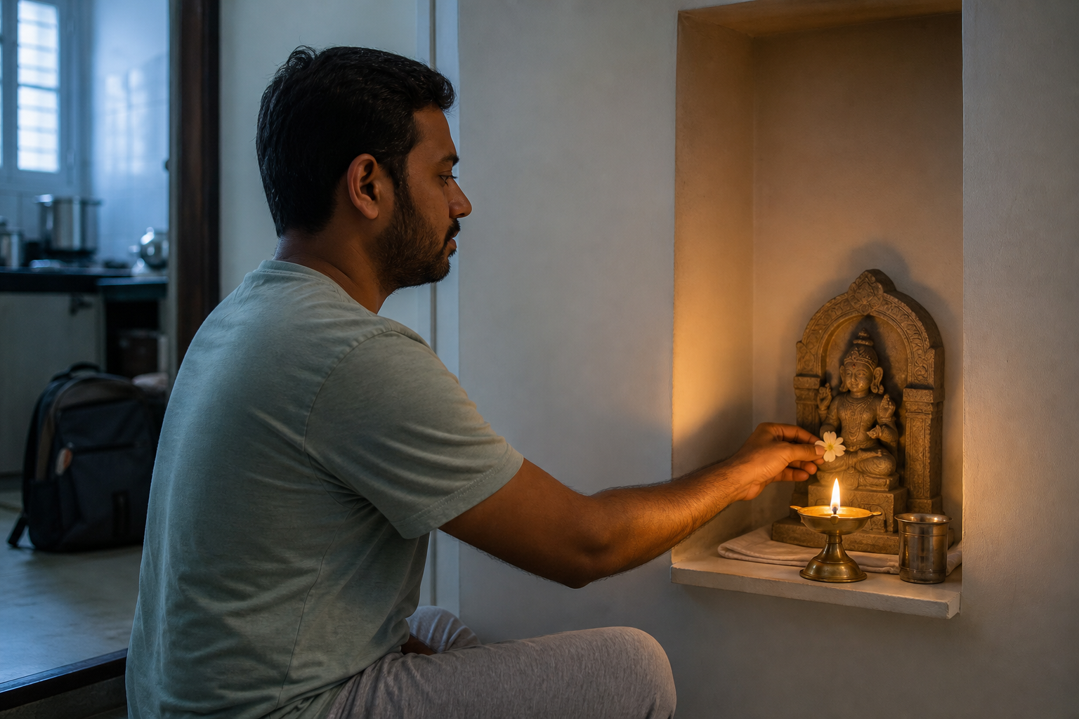 A devotee performs a simple dawn puja at a small home shrine with one murti, a brass lamp, water, and a single flower.