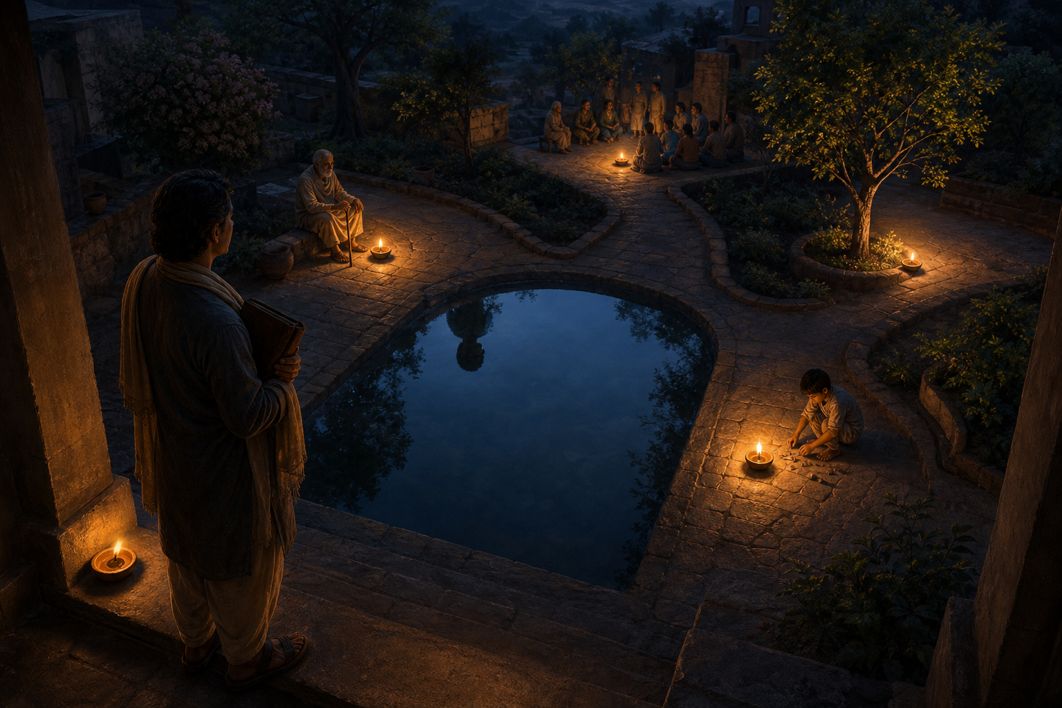 A person holding a covered manuscript pauses at a divided courtyard path lit by five oil lamps near a reflection, two neighbors, a tree, and a distant community.