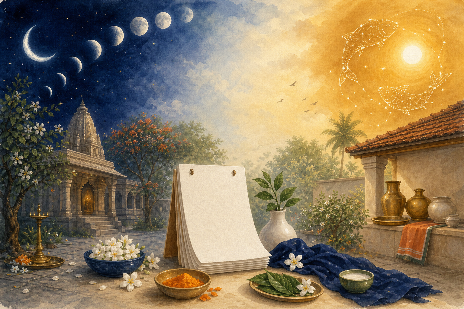 Illustration of lunar phases, blank calendar leaves, and a sun beside a two-fish constellation across one spring landscape.