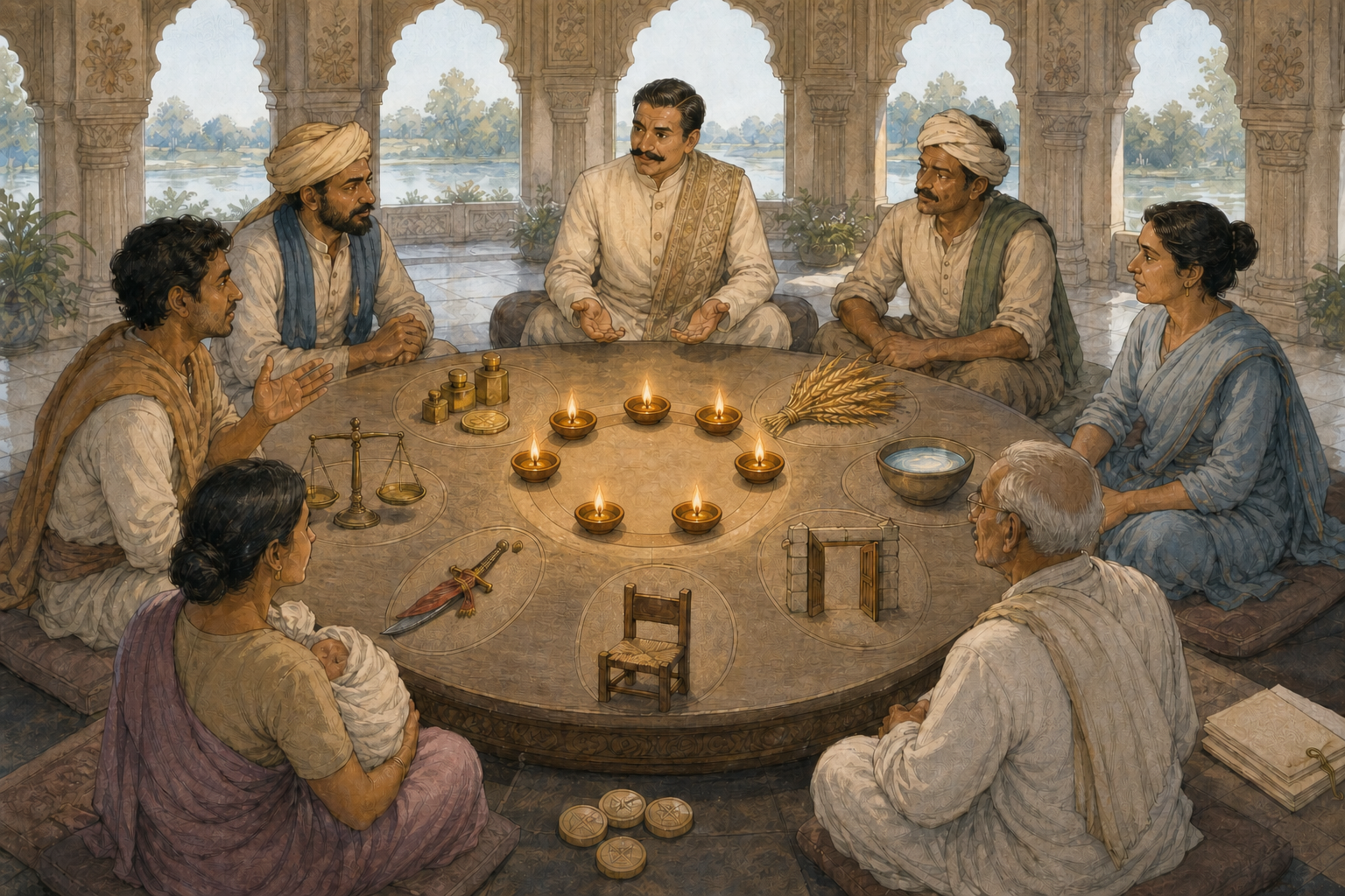Seven people examine symbolic objects around seven oil lamps, including measuring weights, grain, water, an open gate, an empty chair, a lowered sword, and a balanced scale.