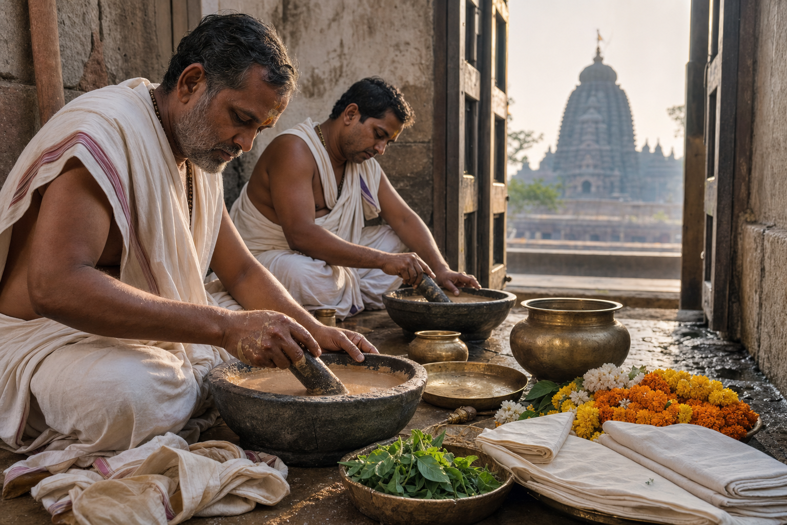 Temple servitors carry covered deity palanquins toward the Narendra Pokhari ghat as devotees observe the Bahara Chandan procession.