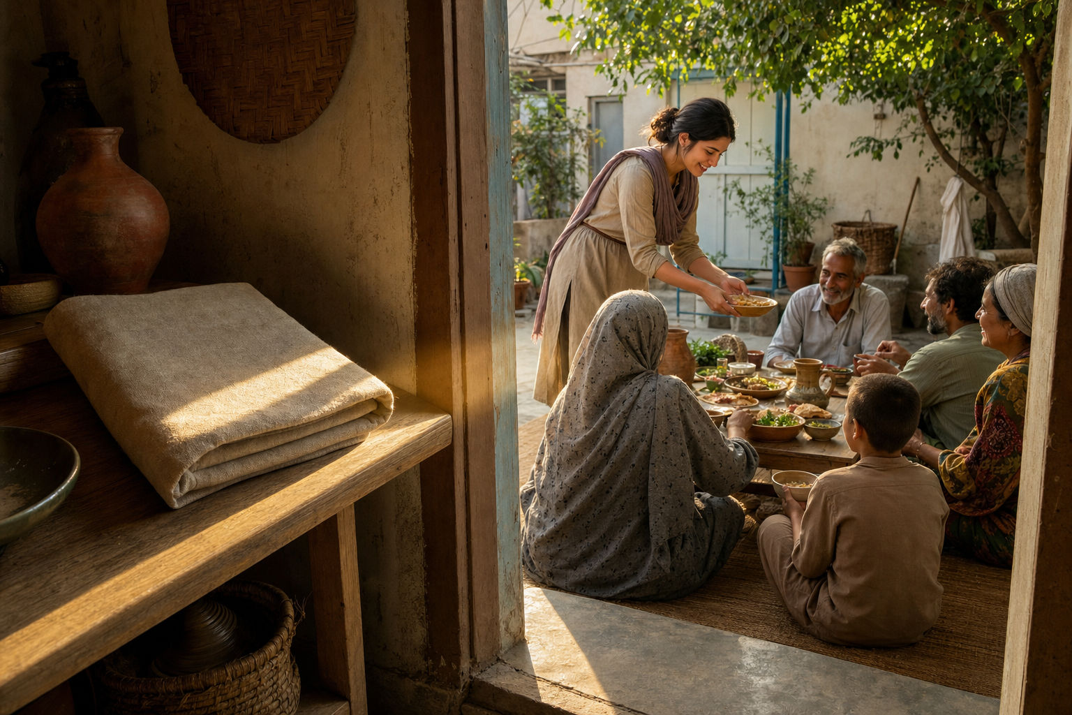 A wrapped sacred book rests on a shelf while, through an open doorway, its reader serves a meal to people gathered in a courtyard.