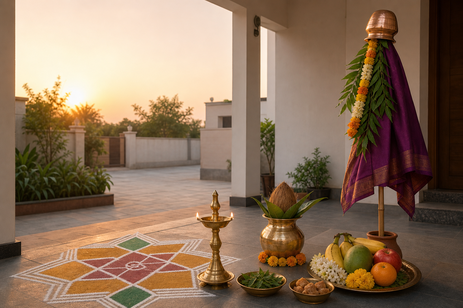 A Hindu New Year arrangement at a home threshold with a brass lamp, kalasha, flowers, neem, jaggery, fruit, rangoli, and a raised gudi in the light of dawn.