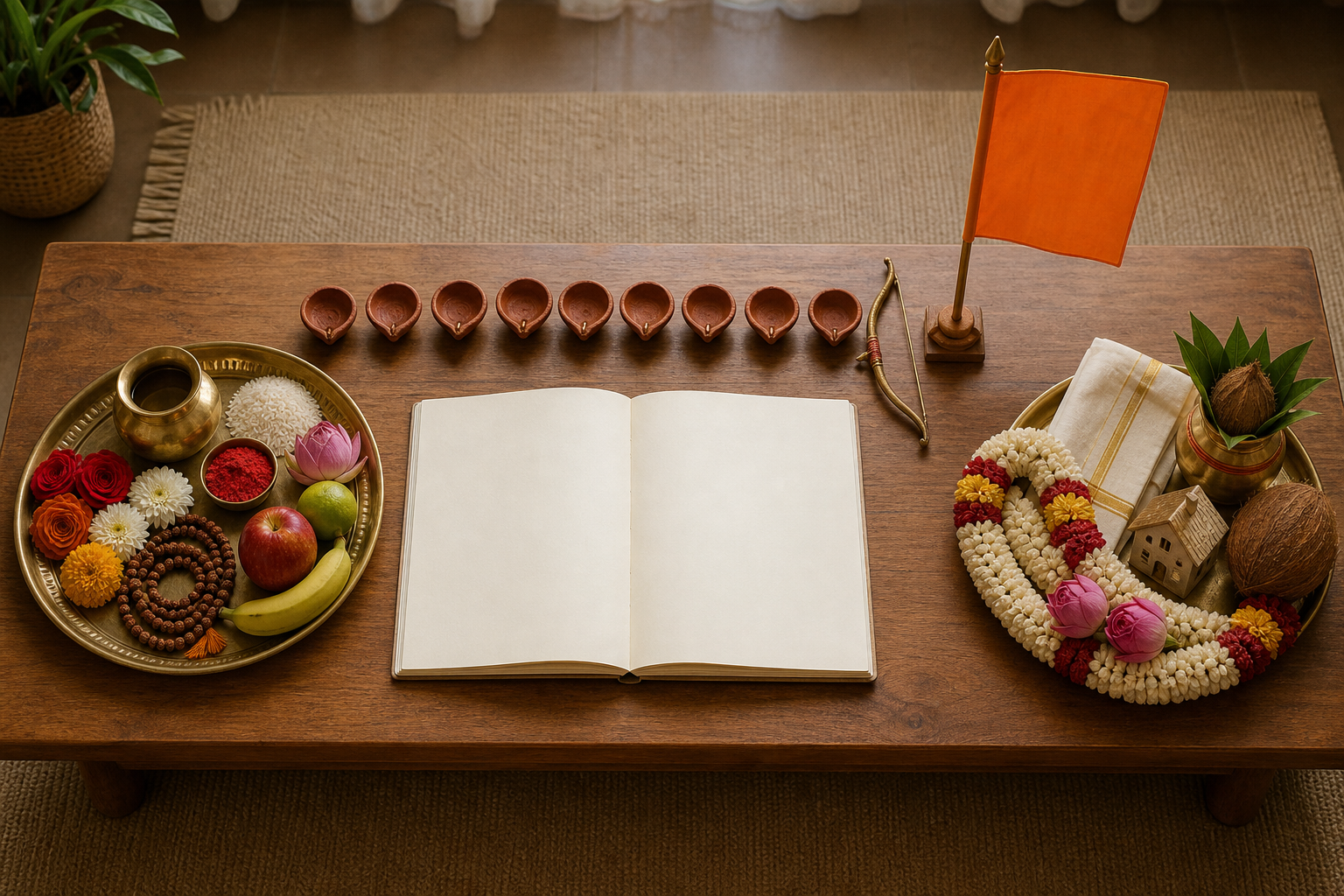 Blank household planner beside nine clay lamps, puja items, a bow ornament, a plain saffron standard, and set-aside wedding garlands.