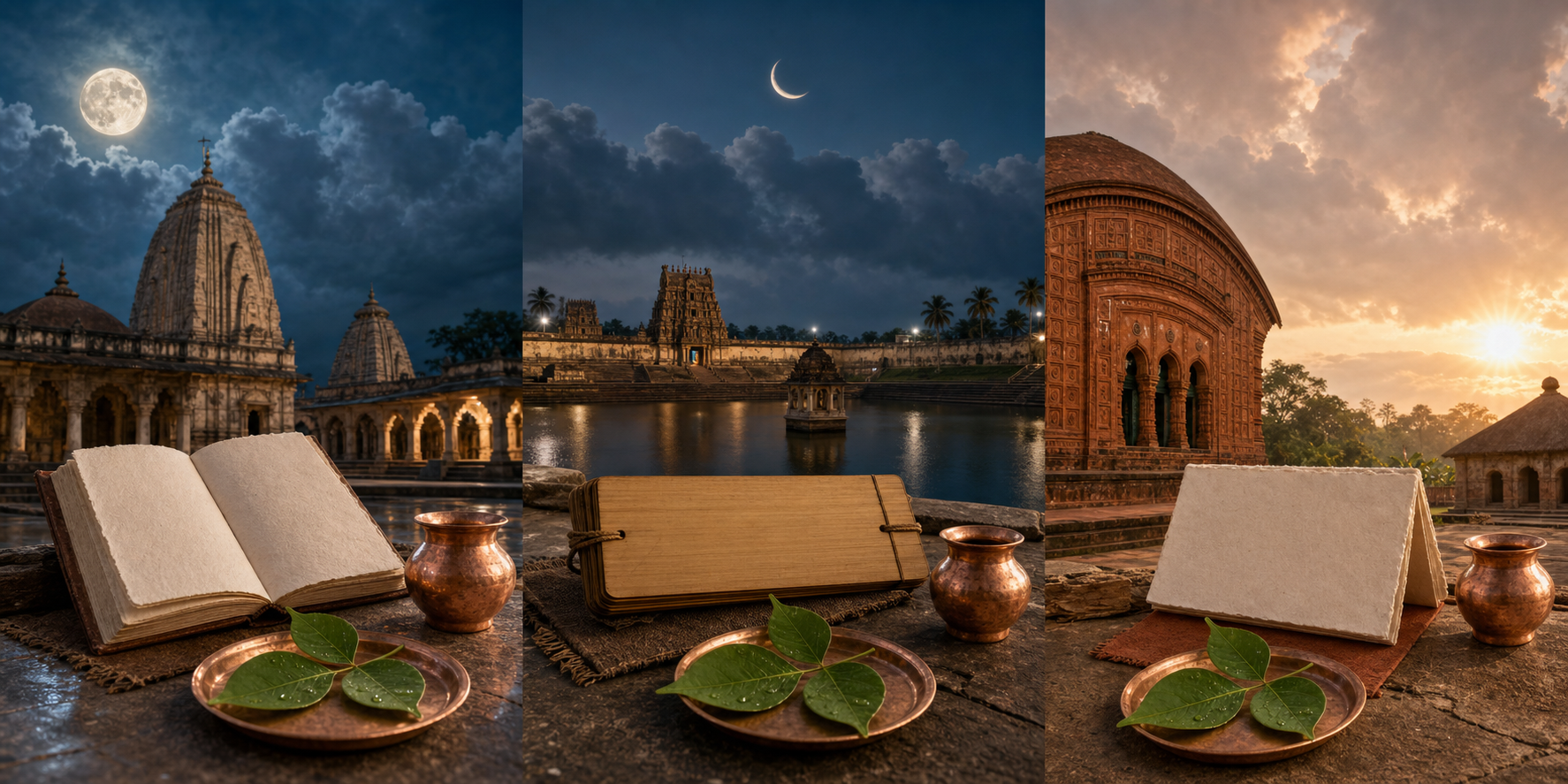 Three side-by-side temple scenes use the full moon, new moon and rising sun to symbolize different traditional calendar systems.