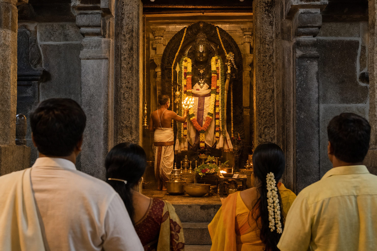 Devotees stand outside a stone temple sanctum while a priest offers a lamp before a large garlanded murti.