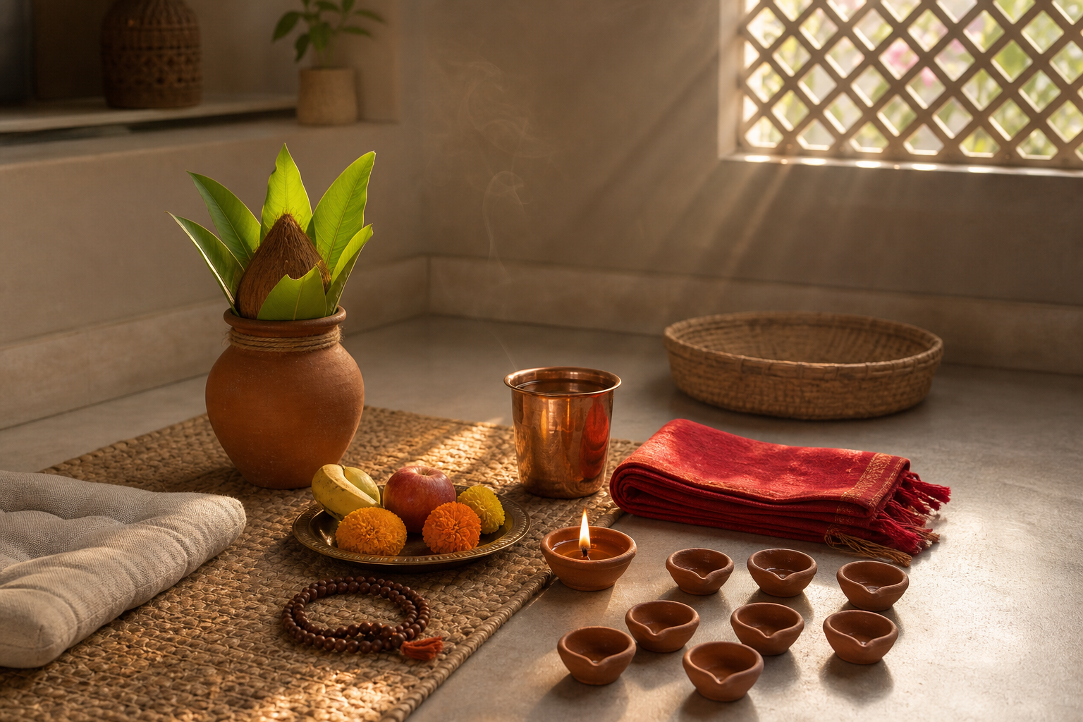 A modest home shrine with an earthen ritual pot, one burning lamp, eight additional lamps, flowers, fruit, prayer beads, and water.