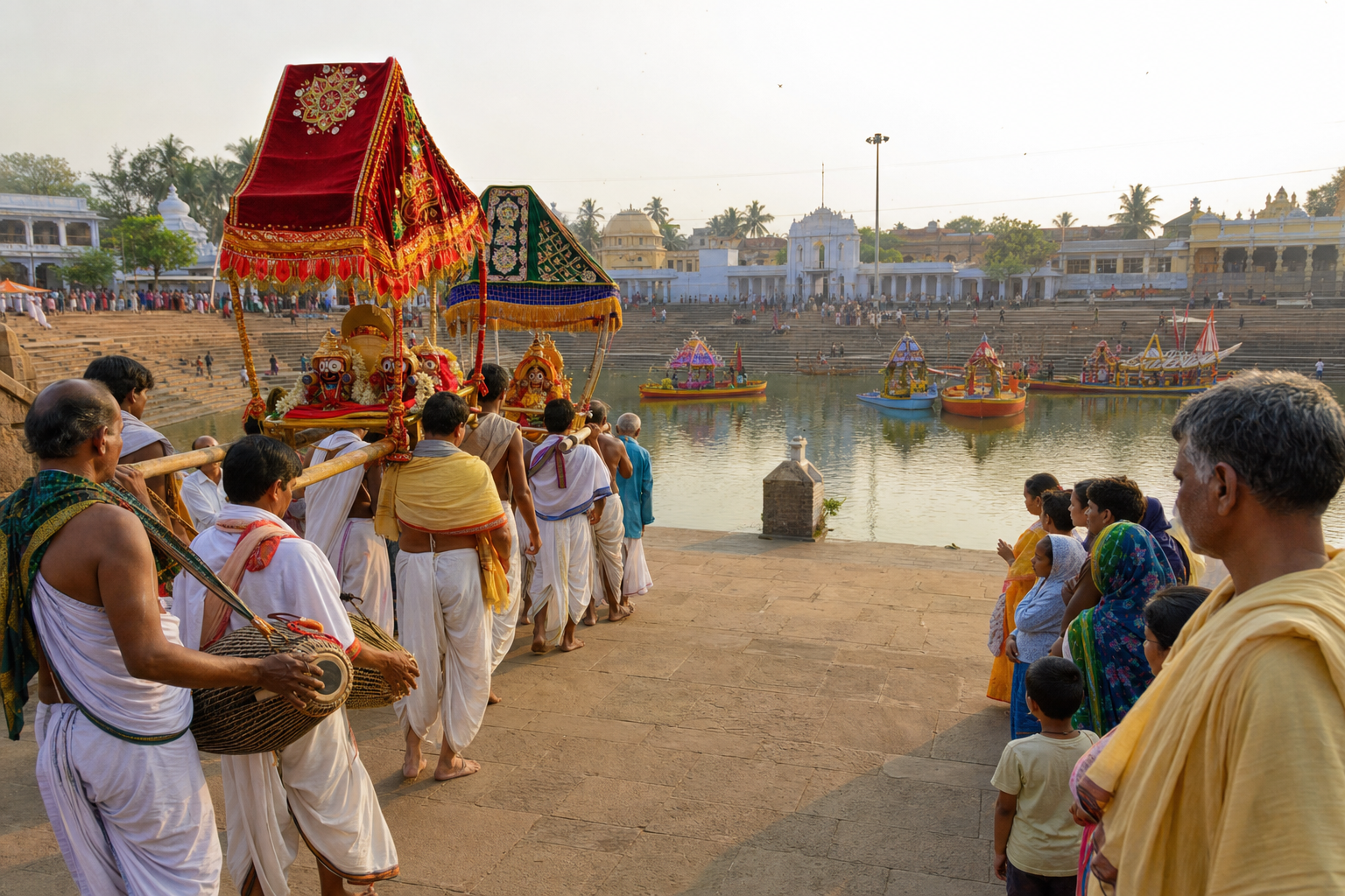 Traditional artisans measure and shape large timber beams as construction of the Rath Yatra chariots begins on Akshaya Tritiya.