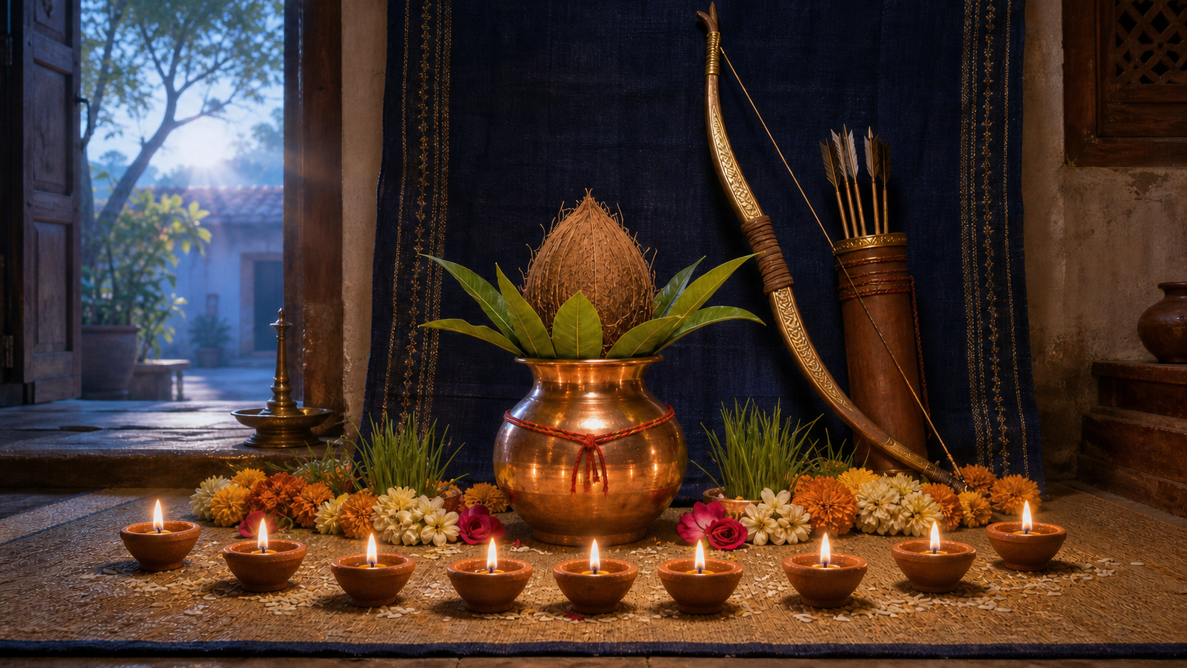 A copper kalasha, ceremonial bow, flowers, and nine clay lamps arranged on a household altar at dawn.