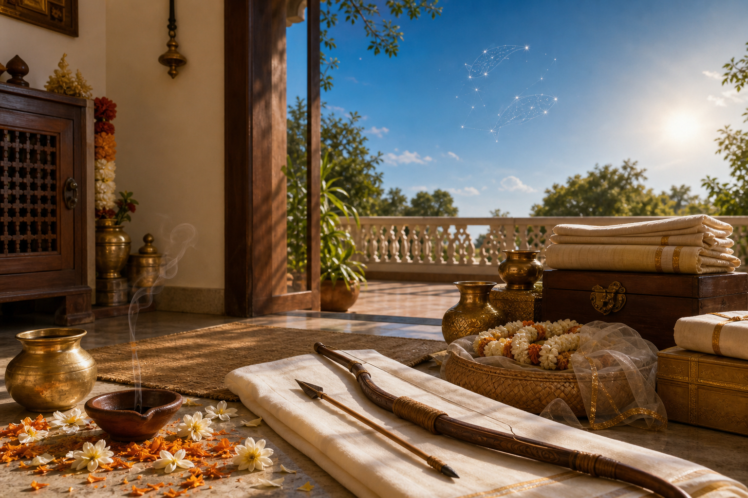 Completed home puja with a bow and arrow in the foreground and unused wedding garlands and ceremonial vessels stored nearby beneath a two-fish sky motif.