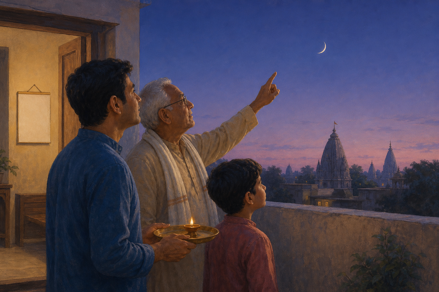 A householder prepares a copper kalasha on a veranda at dawn while a temple spire, rising sun, brass bell, and unnumbered clock appear nearby.