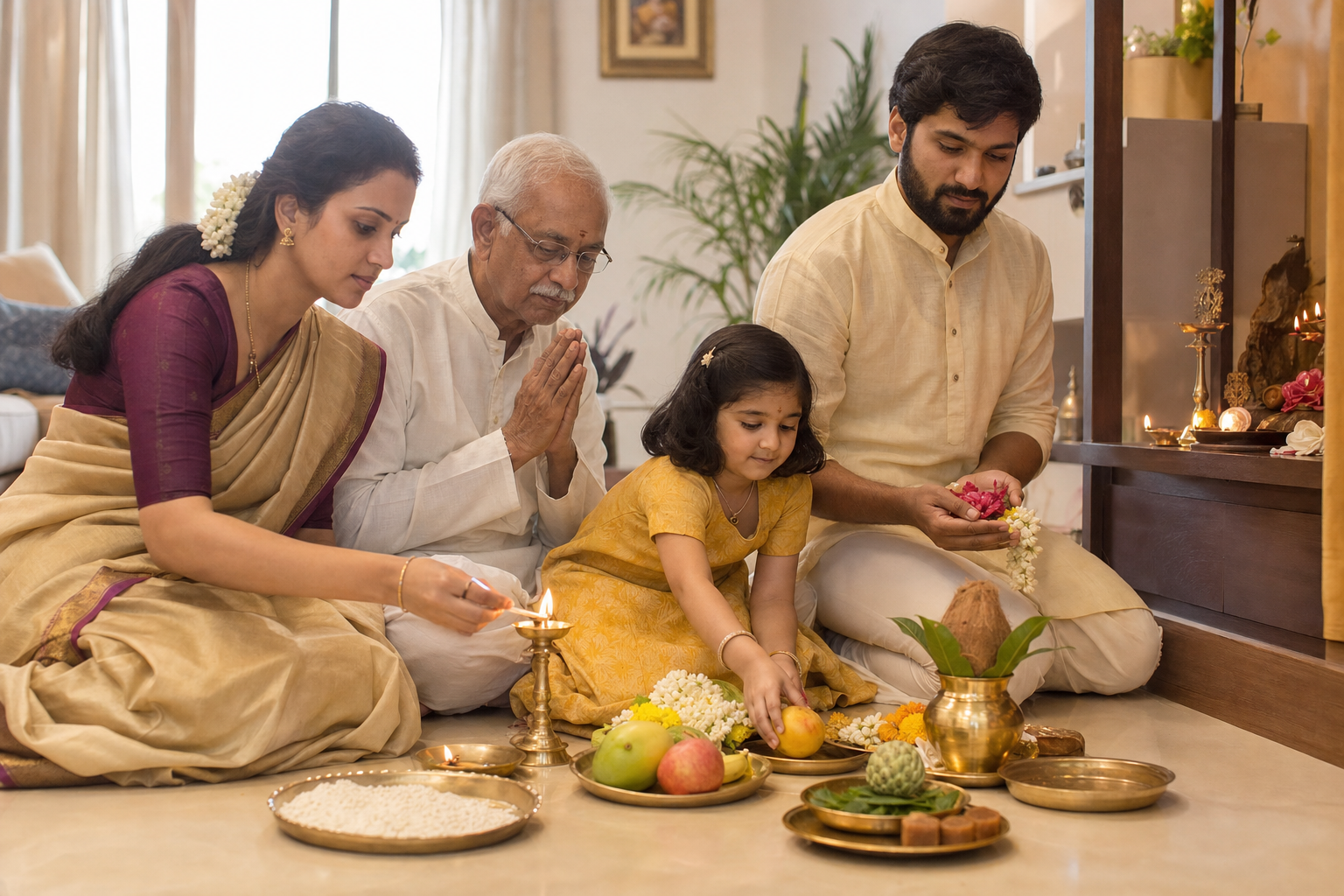 Two neighboring households prepare separately for Ugadi and Gudi Padwa, with festive food and rangoli on one side and a raised Gudi on the other.