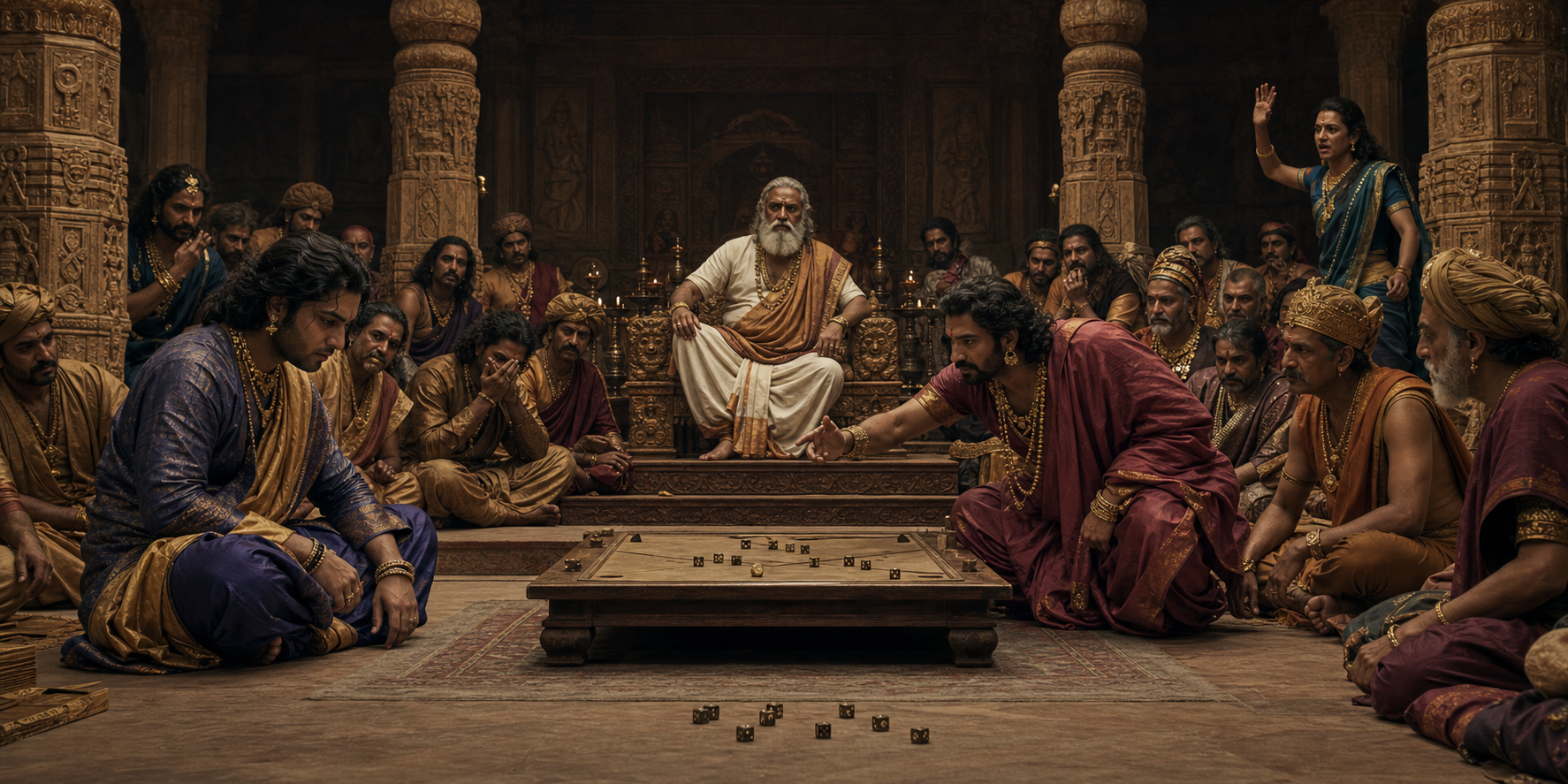 In an ancient royal hall, dice lie beside a gaming board while rulers, players, courtiers, and a rising dissenter react differently to the outcome.