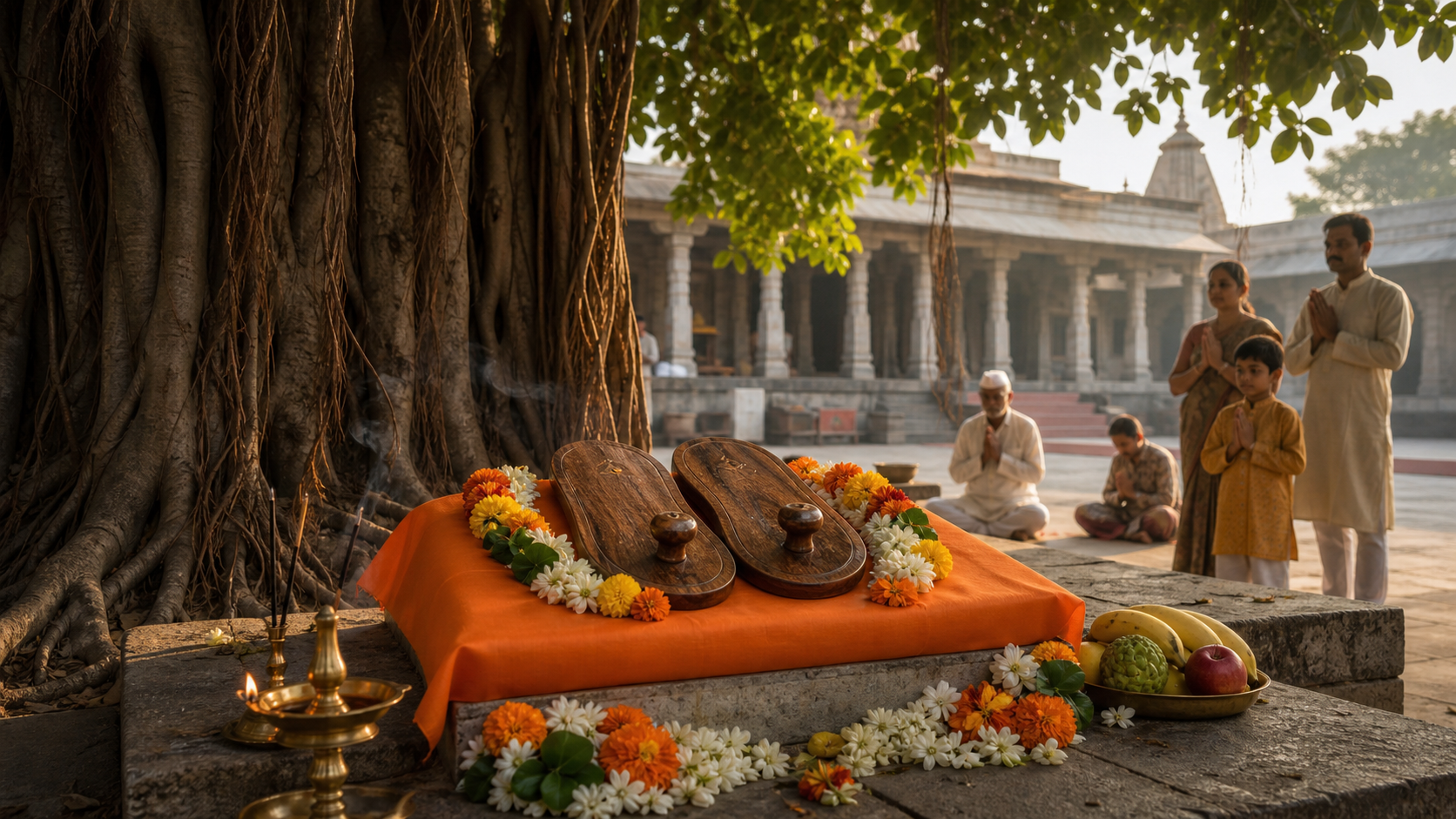 Flower-adorned wooden padukas and a brass oil lamp beneath a banyan tree in a western Indian temple courtyard, with devotees praying nearby.