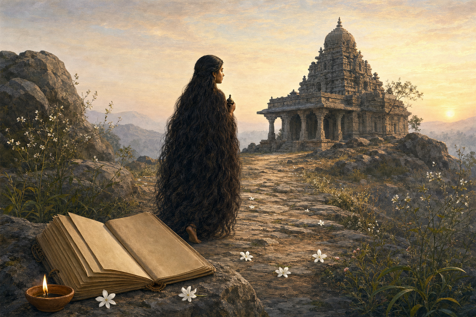 A long-haired woman ascetic walks toward a stone Shiva temple at dawn, with jasmine blossoms, a palm-leaf manuscript, and an oil lamp in the foreground.