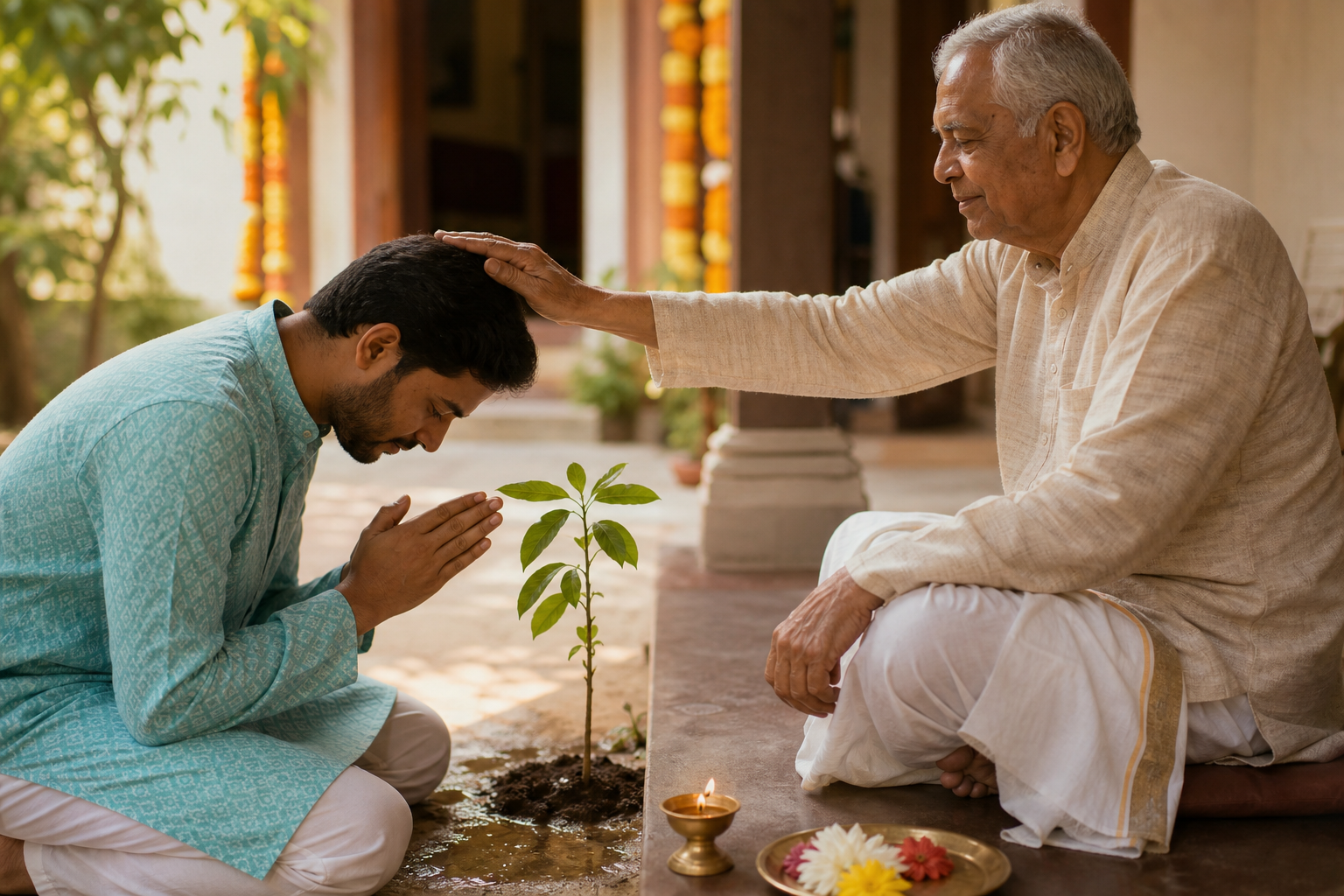 A younger adult bows to receive an elder's blessing beside an oil lamp, flowers, and a green sapling.