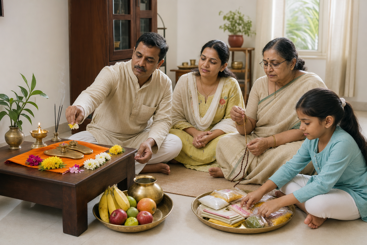A multigenerational family performs a simple home observance with padukas, flowers, a brass lamp, fruit, and prayer beads.