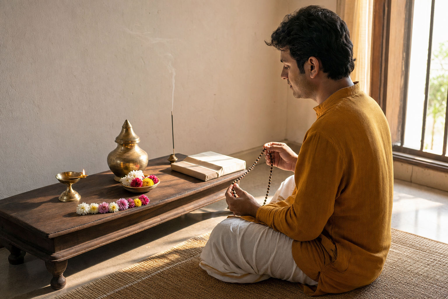 A devotee sits with prayer beads before a simple home altar holding a lamp, kalasha, flowers, incense, and a wrapped scripture.