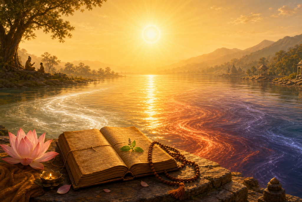 Golden sun over a sacred river with an open scripture, lotus, prayer beads, and symbolic colored currents.