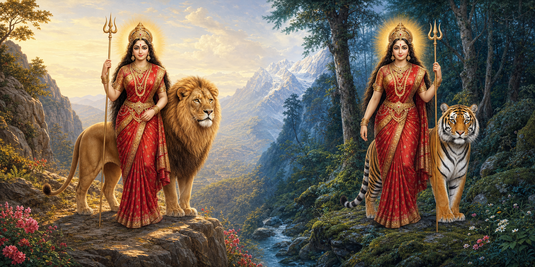 Two parallel scenes show Parvati beside a lion on a rocky ridge and beside a tiger near a forest.