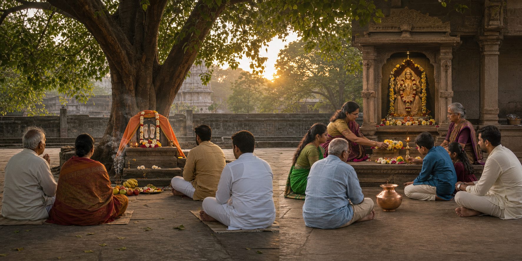 Two connected devotional scenes show people honoring a Guru shrine with padukas and a household gathering around a shrine with flowers and a copper vessel.