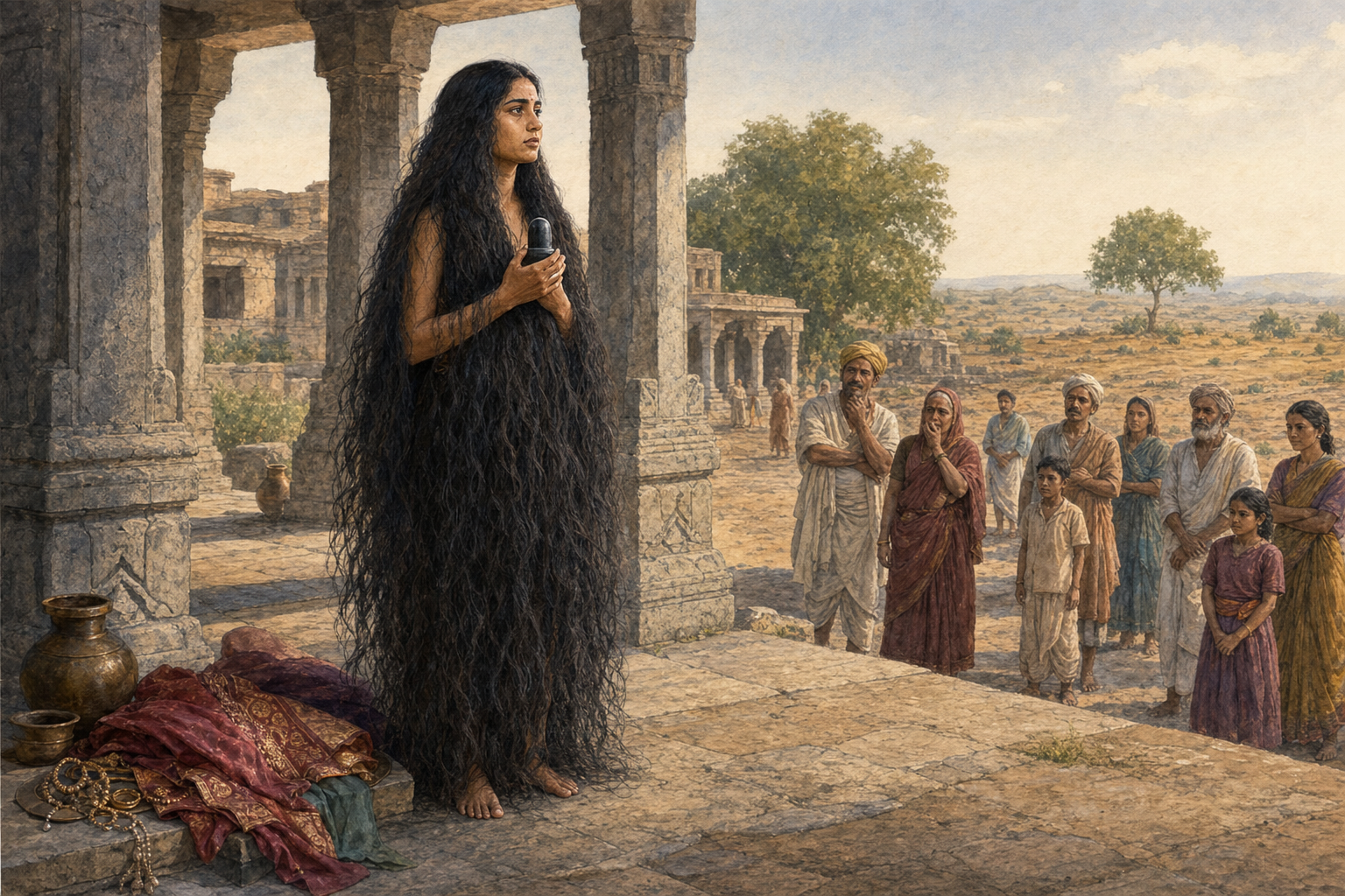 A long-haired woman ascetic holds a small linga beneath a stone mandapa while townspeople watch and folded garments lie nearby.