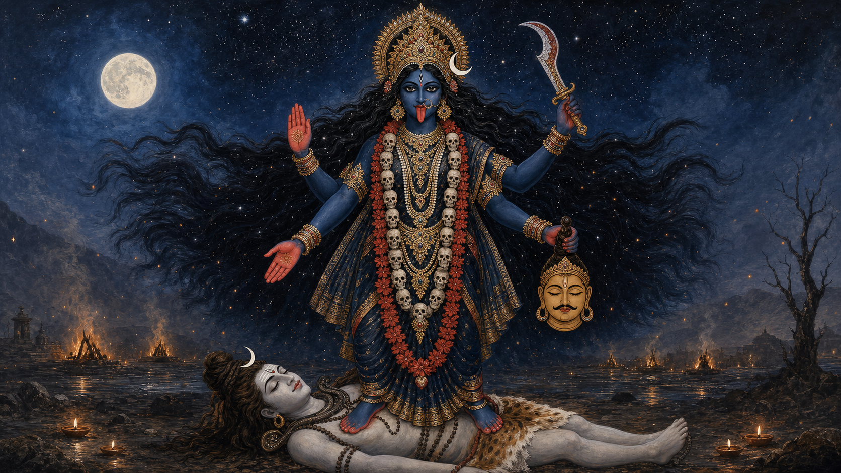 Four-armed, dark-blue Kali stands above a reclining, ash-white Shiva in a moonlit cremation ground, holding a curved sword and a severed head while two hands offer protection and blessing.