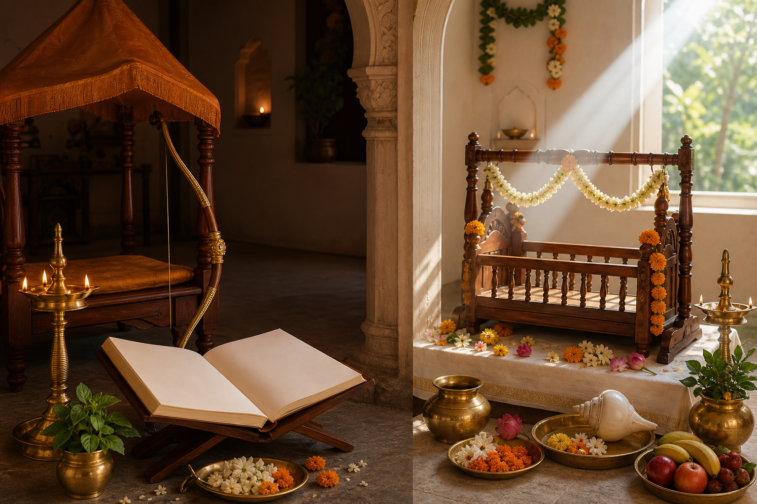 A divided devotional scene shows an evening scripture recitation and symbolic royal seat on one side, and a sunlit flower-decorated cradle with offerings on the other.