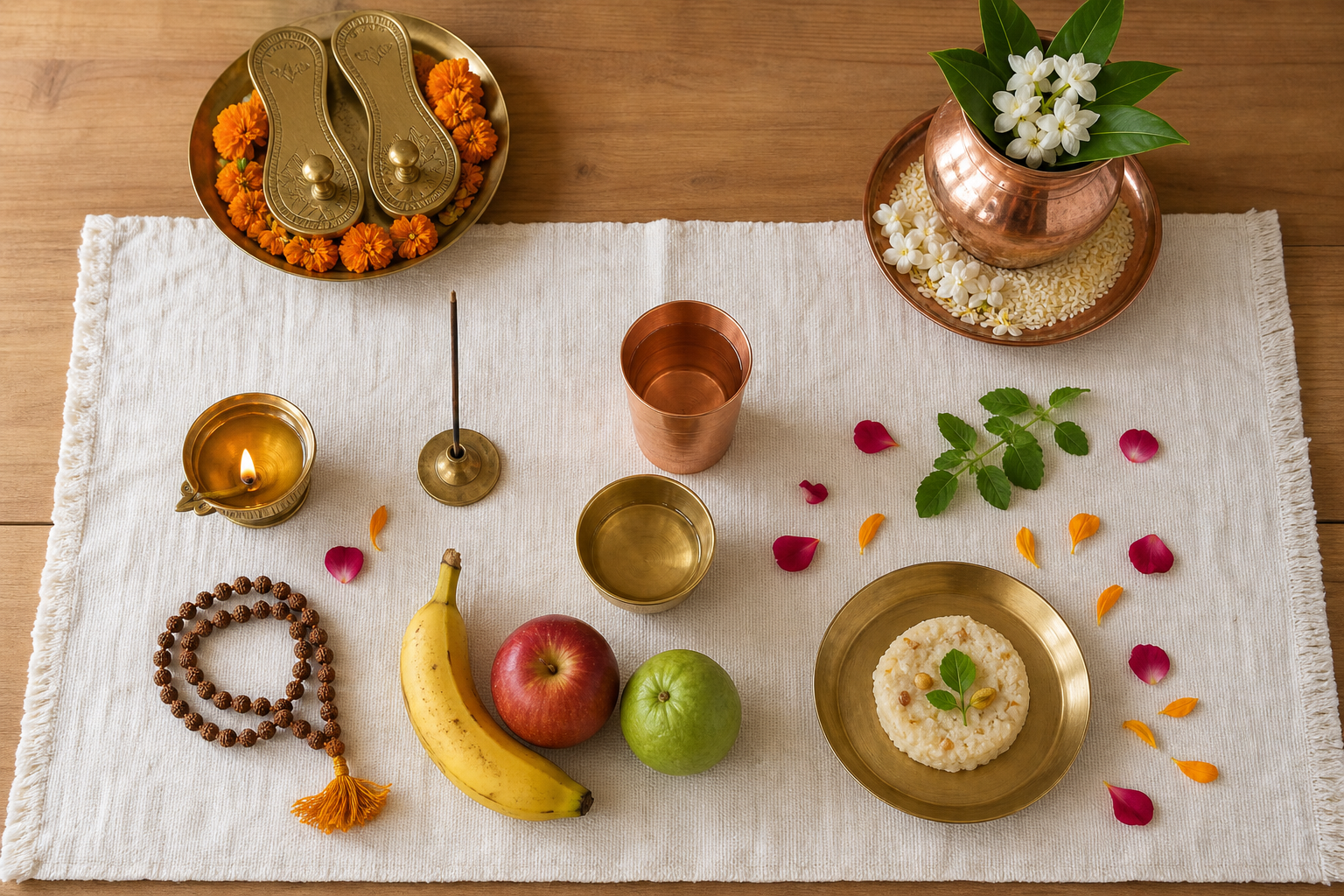 An overhead view of a practical puja setup with a lamp, incense, fruit, flowers, prayer beads, padukas, and a copper vessel.