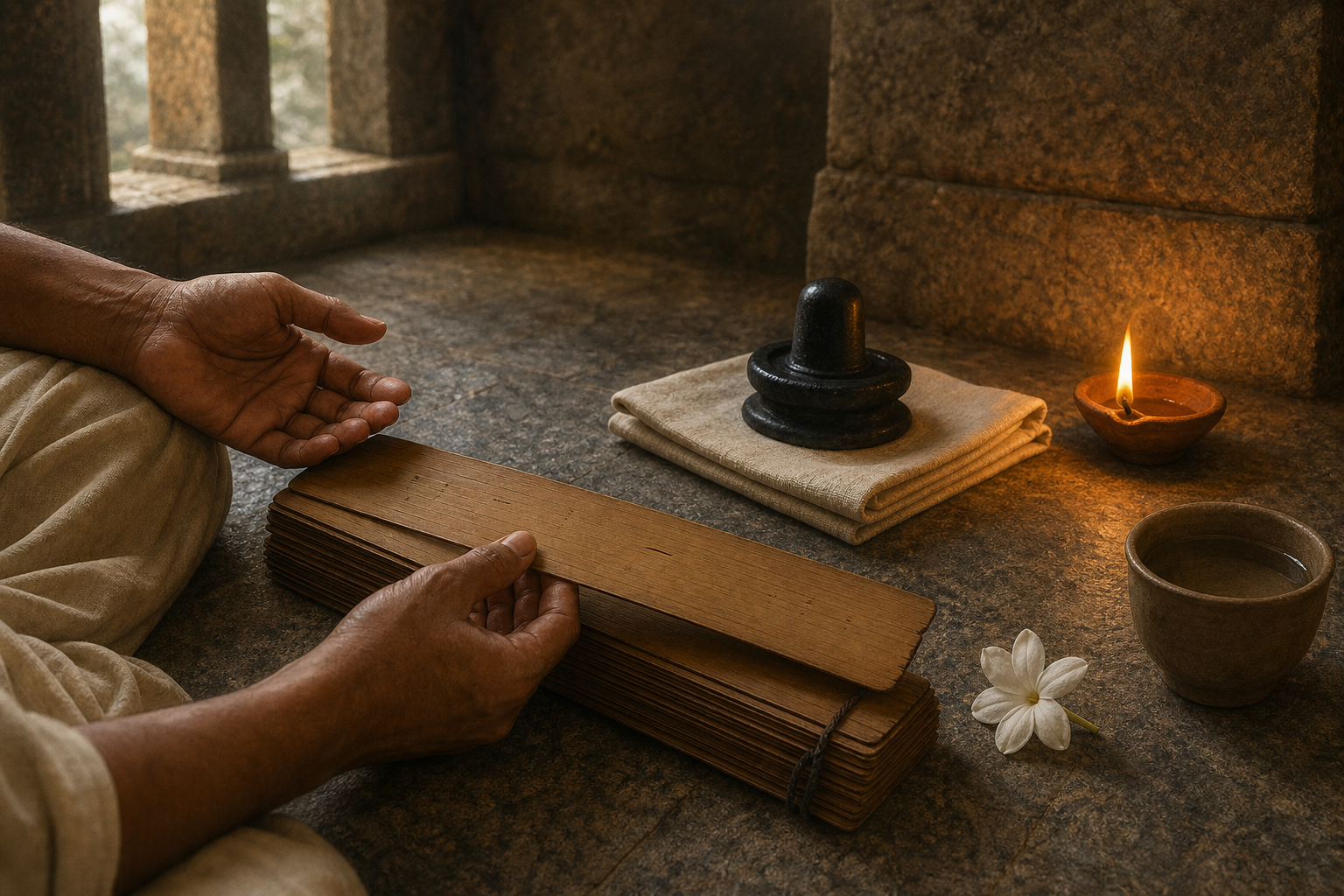 A seated reader's hands rest beside a palm-leaf manuscript, a small linga, jasmine, water, and a glowing clay lamp on a stone floor.