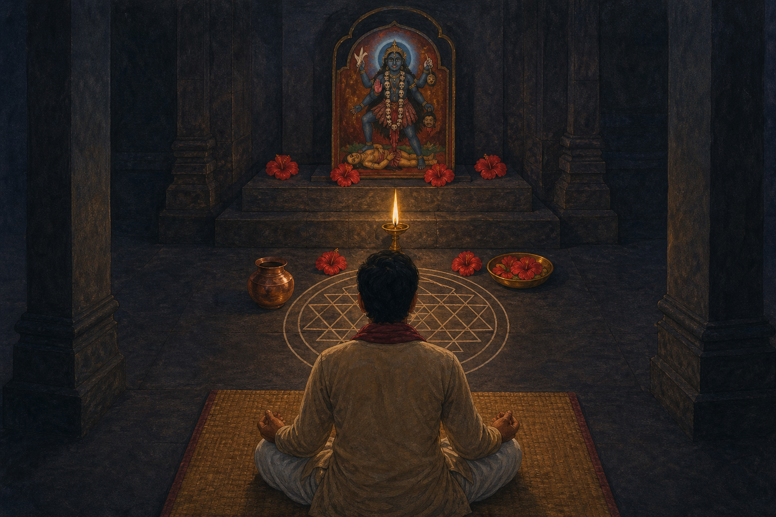 A seated practitioner faces a small image of Kali on a stone altar arranged with red hibiscus flowers, a brass oil lamp, copper vessels, and a geometric ritual design.