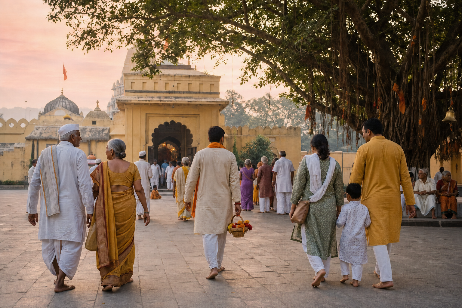 Pilgrims carrying flowers walk toward a banyan-shaded temple precinct in Akkalkot at sunrise.