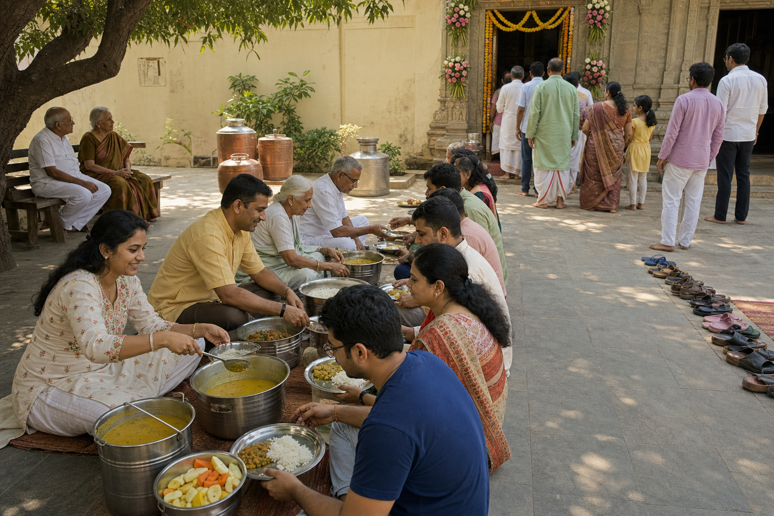 Volunteers serve a simple meal in a temple courtyard while visitors wait in an orderly shaded darshan queue near water pots and seating.
