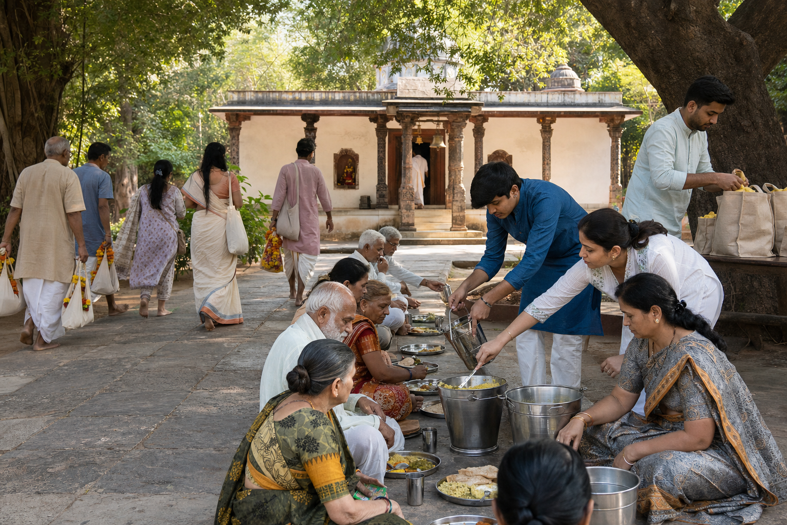 Pilgrims approach a small temple courtyard while volunteers serve a vegetarian meal and prepare food bags for others.