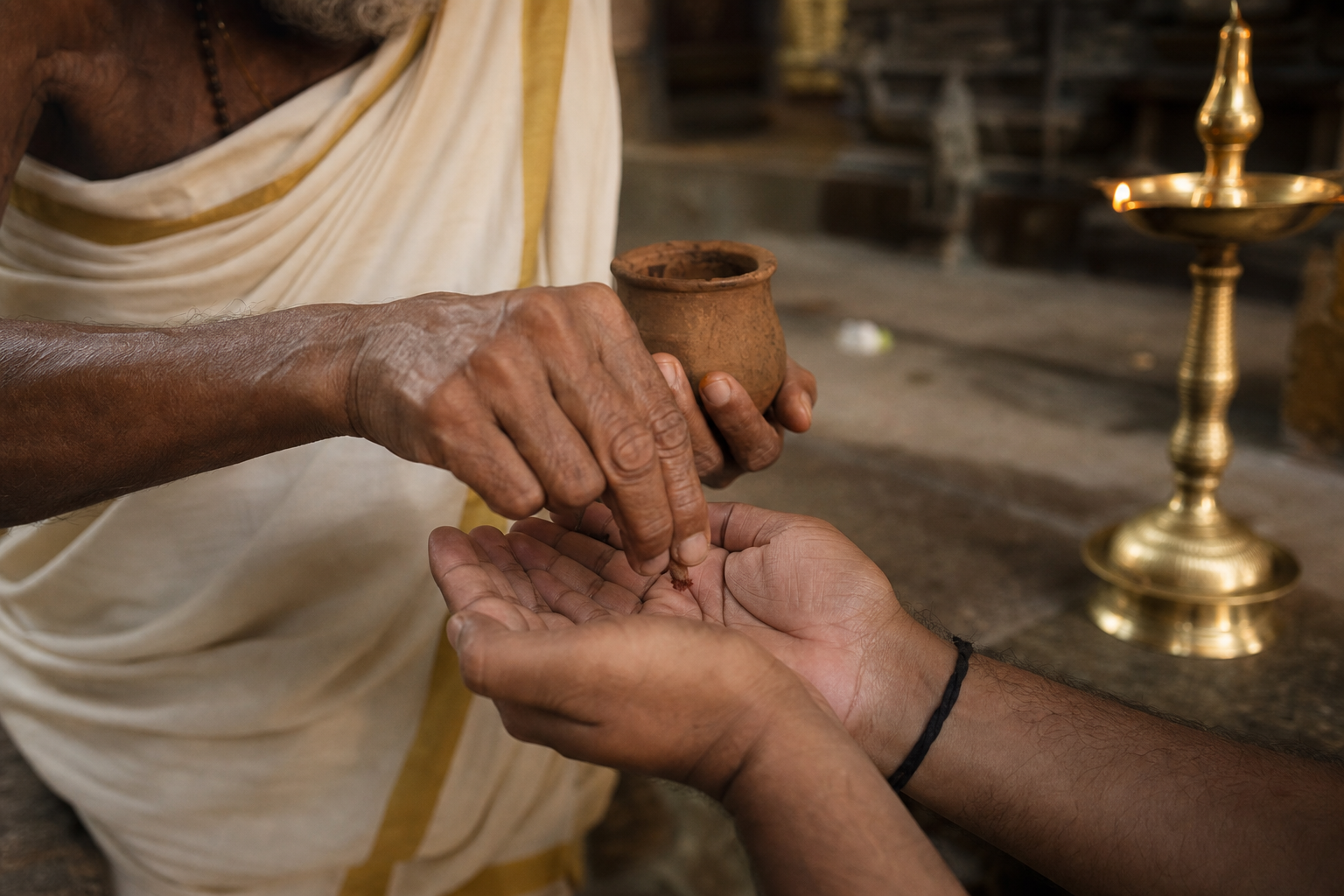 A temple attendant places a small pinch of reddish-brown sacred earth into a pilgrim's cupped hands beside an oil lamp.