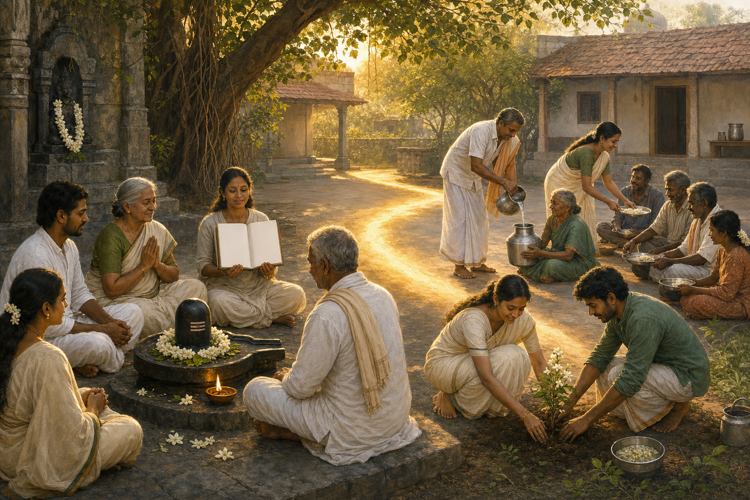 A multigenerational group worships beside a jasmine-adorned Shiva linga, then serves food, carries water, and plants a sapling in the same courtyard.