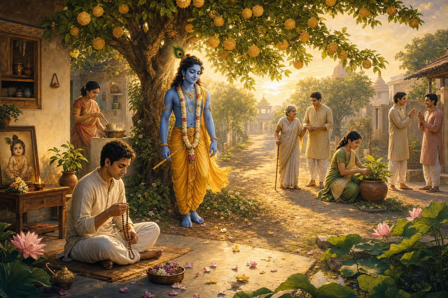 Krishna stands beneath a flowering tree while a devotee chants at a home altar and nearby figures perform everyday acts of kindness.