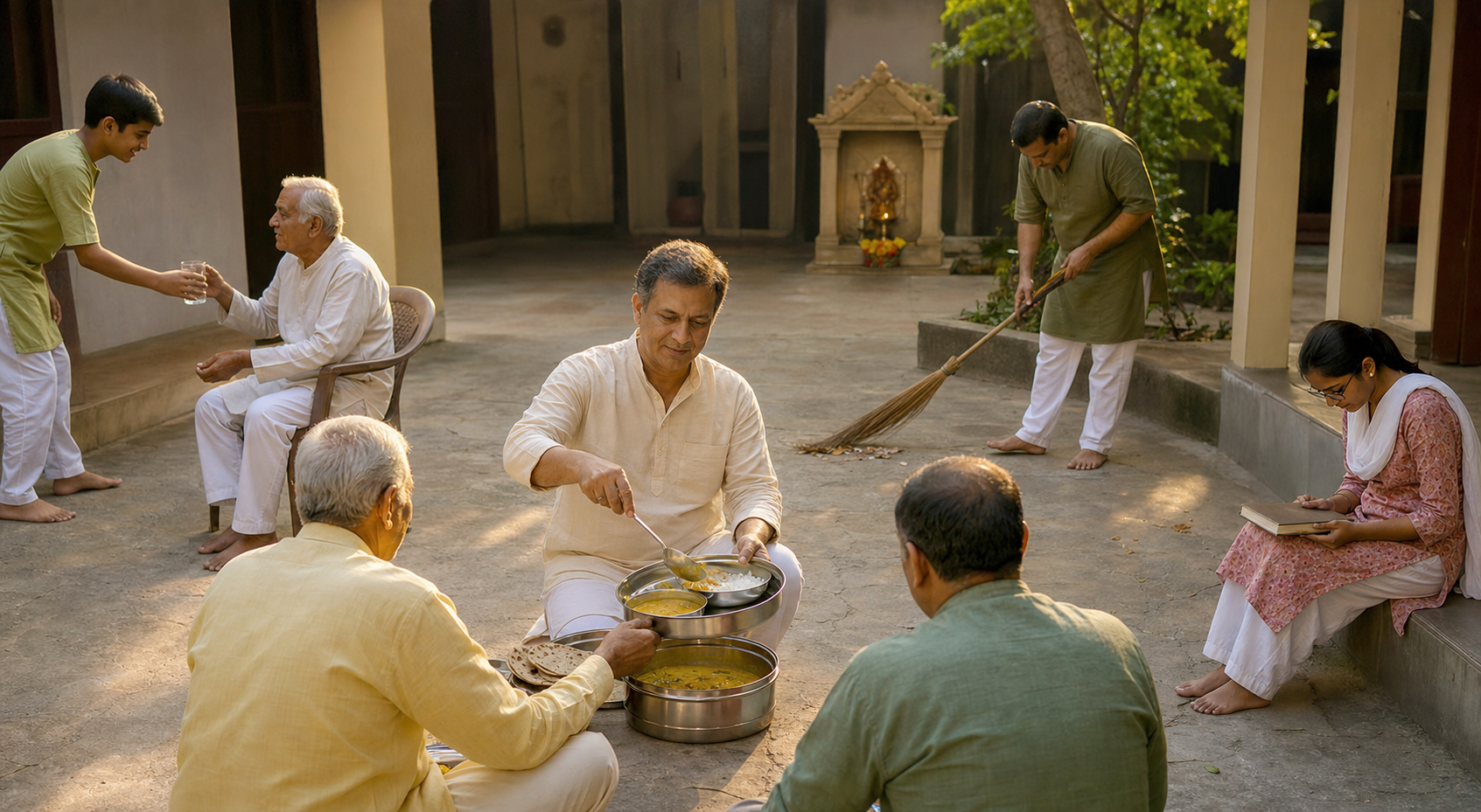 People in a neighborhood courtyard serve food and water, clean the shared space, and study beside a small home shrine.