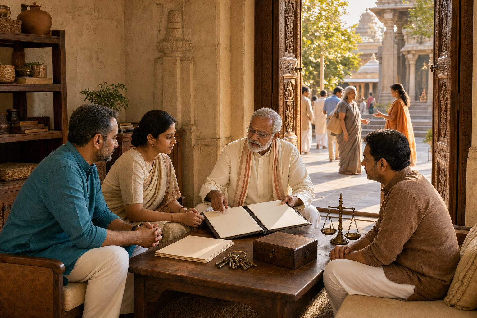 Trustees and a priestly advisor review governance materials at a table while volunteers welcome devotees in a temple courtyard beyond.