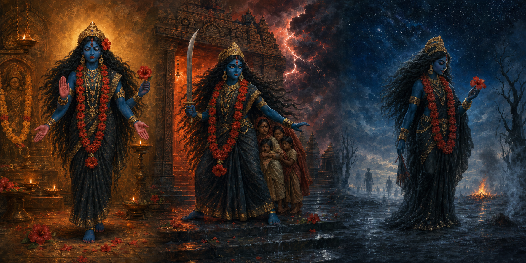Three painted presentations of dark-blue Kali appear in a lamp-lit household shrine, at a stormy temple threshold, and in a star-lit cremation ground.