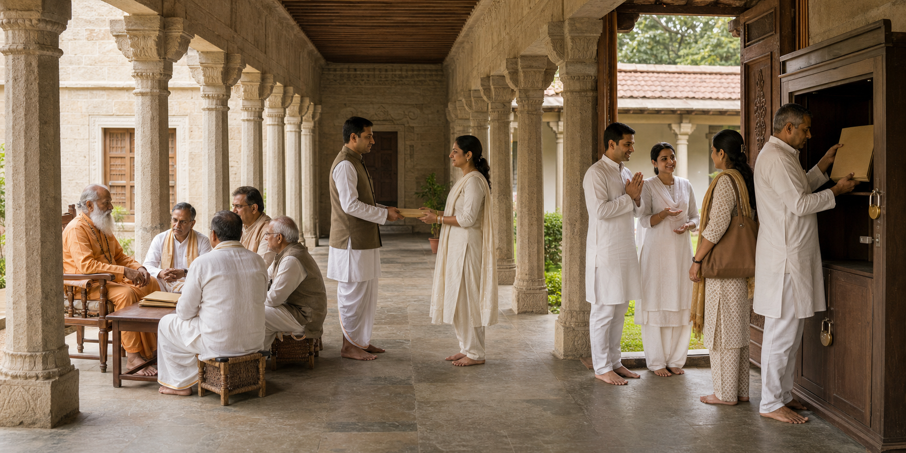 A priestly authority, trustees, a coordinator, volunteers, and a records custodian form a visible chain of governance through a temple complex.