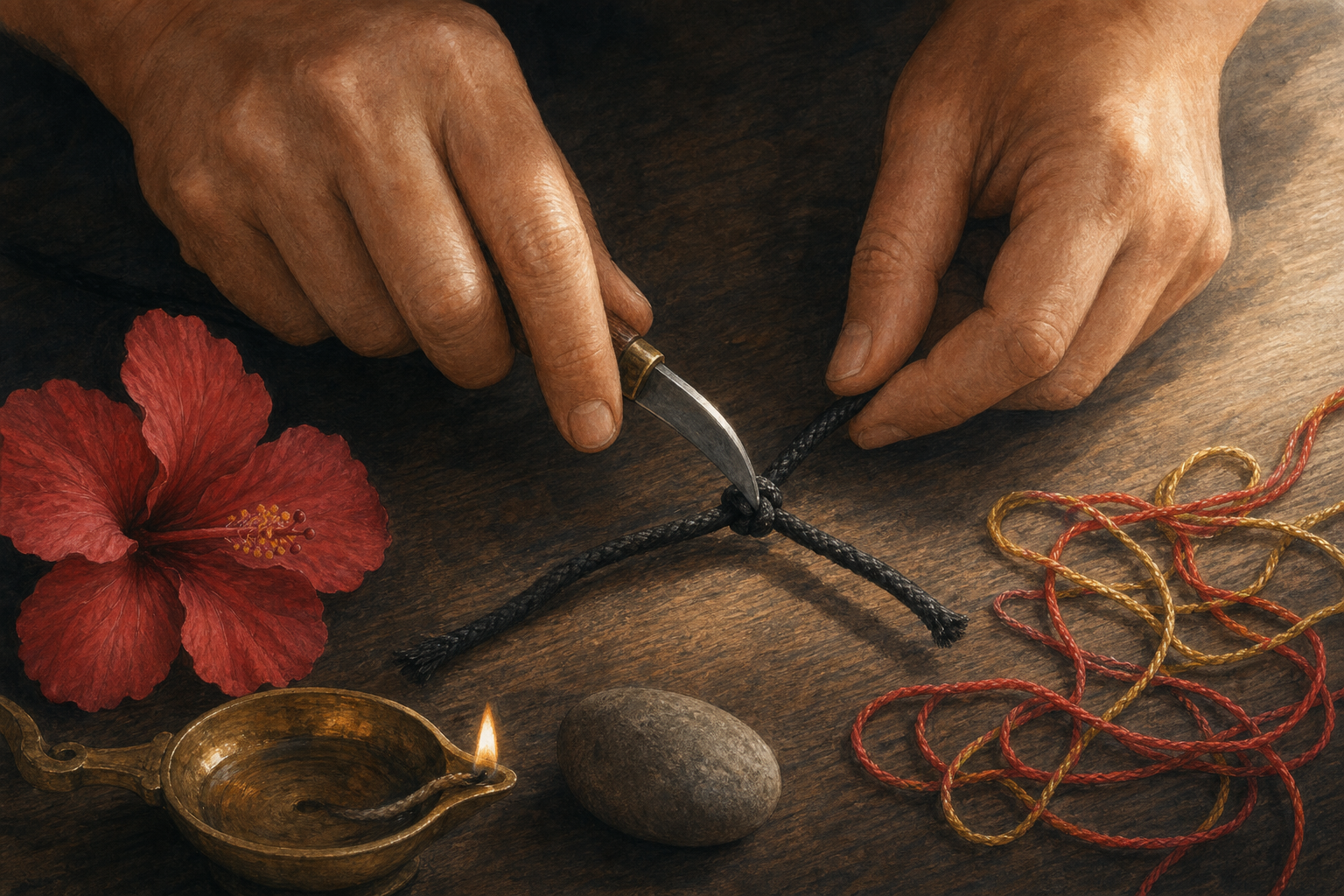 Two hands use a small curved blade to cut one knot in a black cord beside a red hibiscus and a brass oil lamp, while nearby red and gold threads remain untouched.
