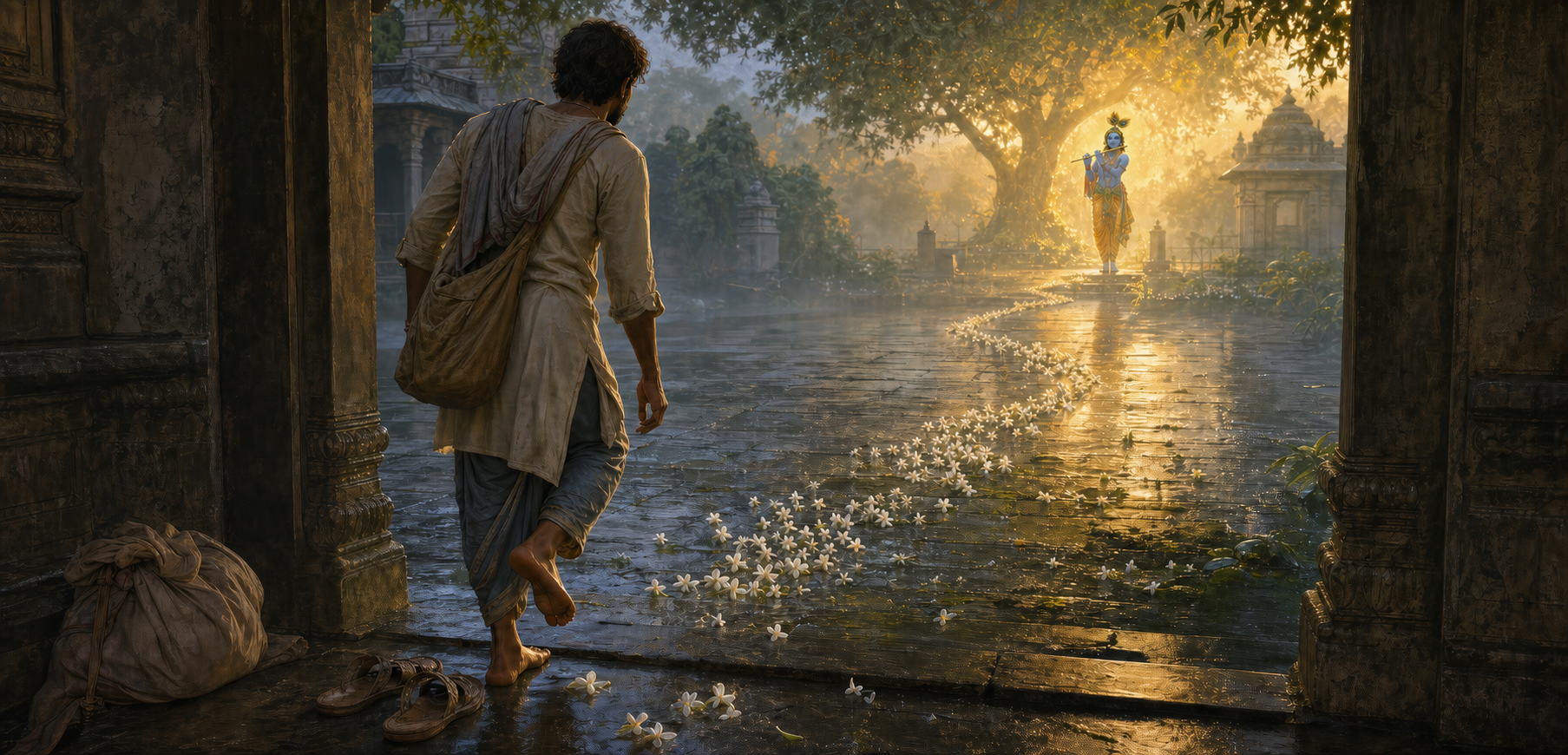 A travel-worn seeker pauses at a temple courtyard as flowers and golden light lead toward Krishna playing a flute beneath a distant tree.