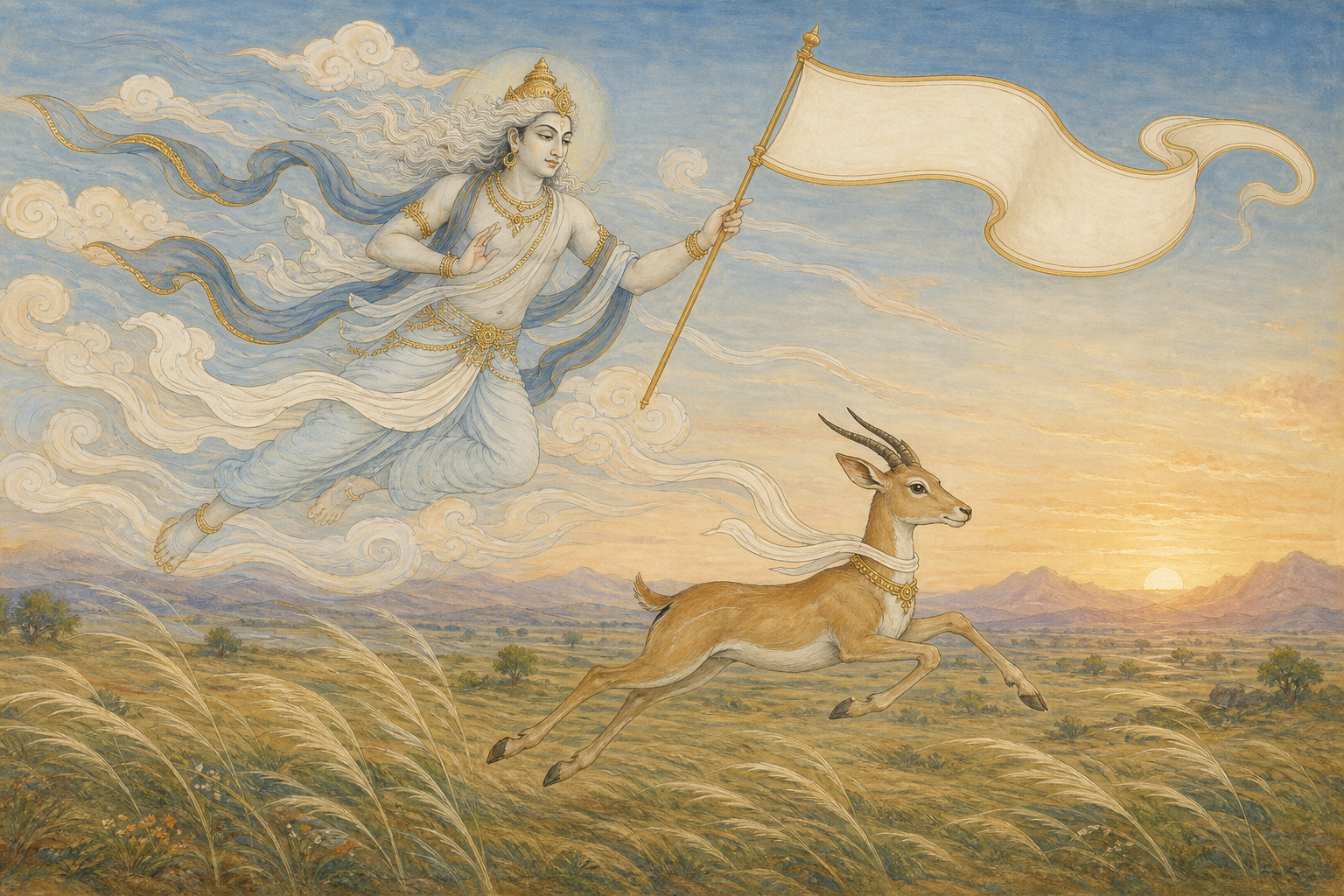 Vayu in flowing garments travels above a slender gazelle-like antelope as wind bends the grasses and curls through the clouds.