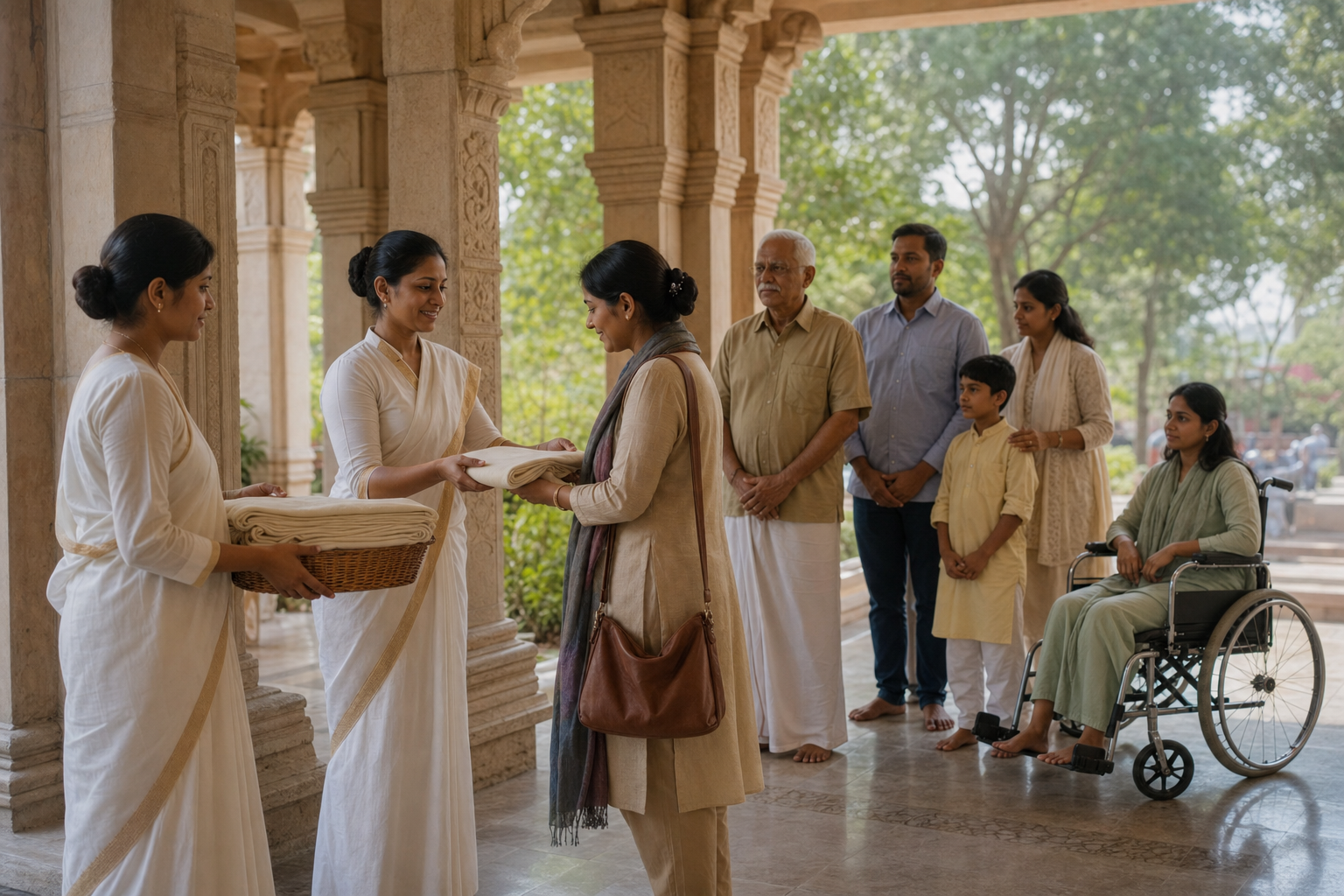 Volunteers at a place of worship respectfully help diverse devotees follow an entrance custom, including by offering a shawl.