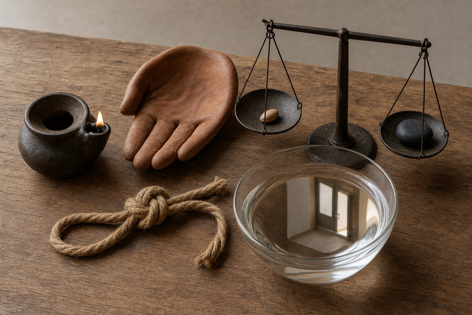 An oil lamp, knotted cord, balance with a seed and stone, and bowl of water are arranged on a wooden table for reflection.